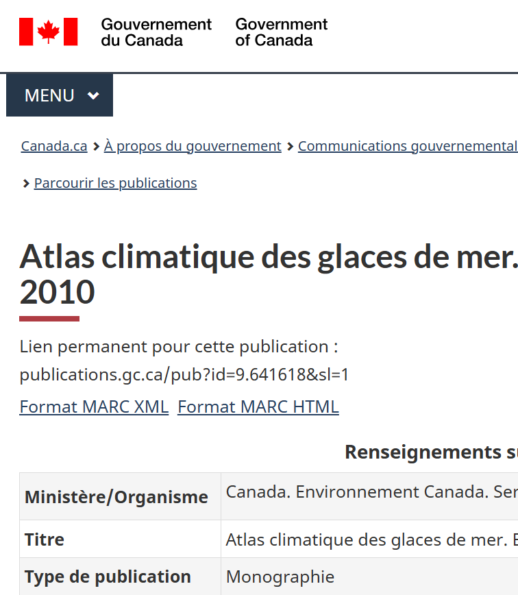 Atlas climatique des glaces de mer pour les eaux du Nord canadien, 1981 à 2010