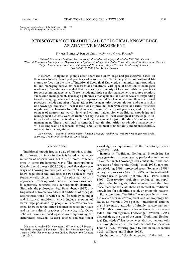 Rediscovery of Traditional Ecological Knowledge as Adaptive Management